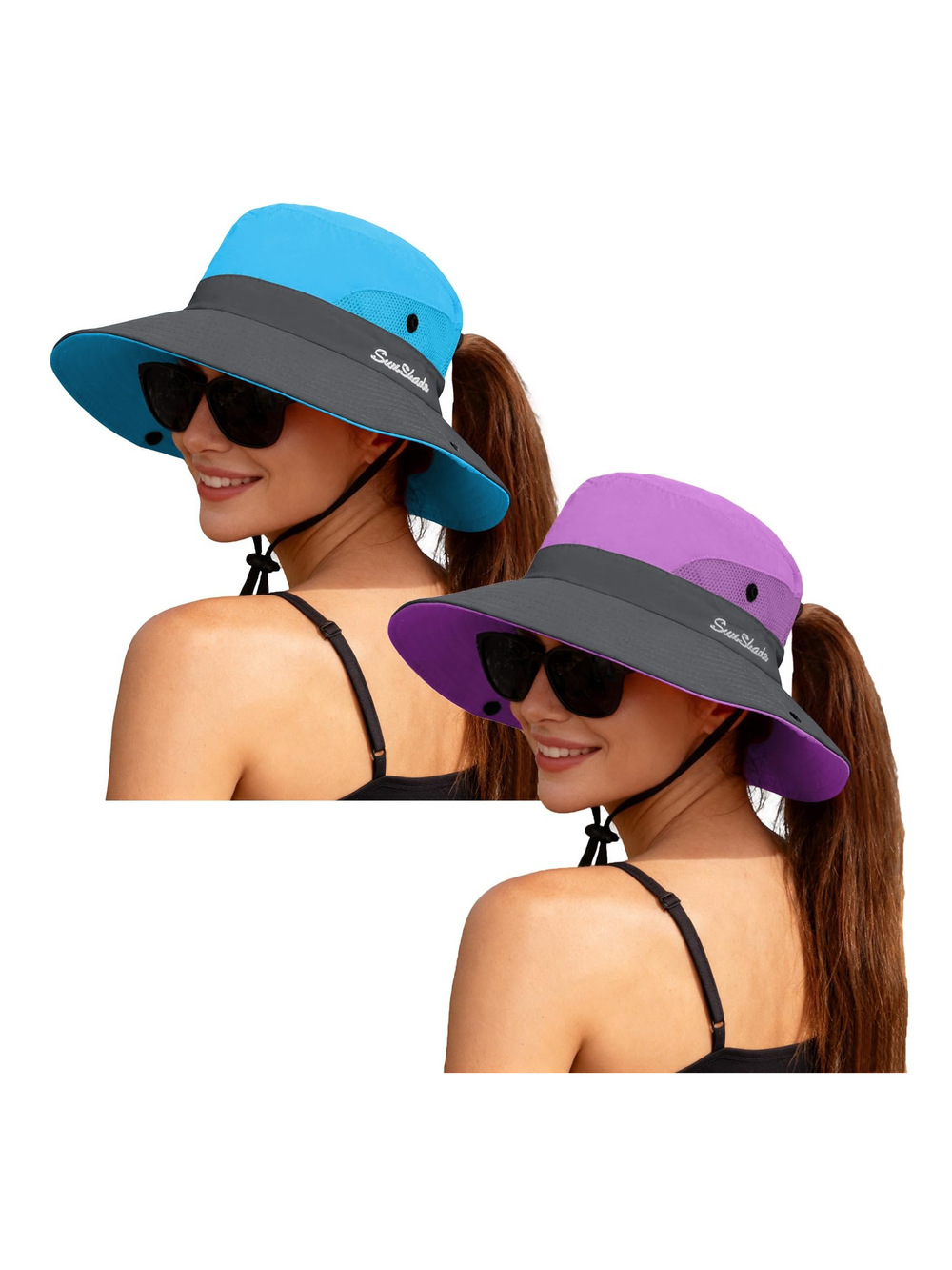 Women's Ponytail Safari Sun Hat,Wide Brim UV | Blue, Purple | Size 6 3/4-6 7/8